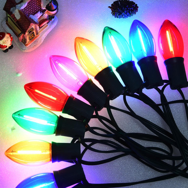 C9 Multicolor Chritsmas Lights Outdoor, 20Ft Vintage String Lights with 21 Colorful LED Plastic Clear Bulbs(1 Spare), Hanging String Lights for Roofline Christmas Tree Decorations, Green Wire