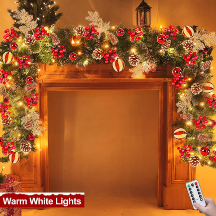 Remote Control&Timer 9 Ft Prelit Christmas Garland with 50 Warm White Lights 8 Modes Cedar Garland 6 Cypress Leaves 18 Ball 300 Snowy Tips 198 Red Berry 18 Pine Cone Christmas Decor Indoor Home Mantel