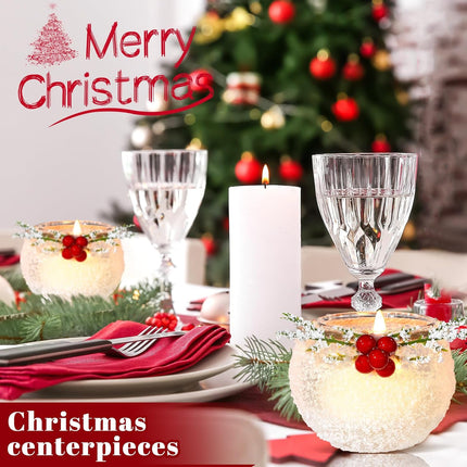 6 Pcs Christmas Votive Candle Holders with Snowy and Red Berry Pine Leaves Xmas Glass Tealight Candle Holders for Table Centerpiece Fireplace Home Ornaments Wedding Party Indoor Decorations