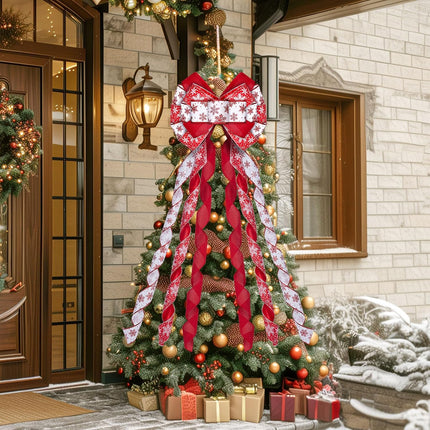 Christmas Tree Topper Wreath Bow, 48x13 Inches Large Christmas Bow with White Snowflakes, Decorative Ribbon Bows for Xmas Tree Wreath Door Festival Home Decor(Red & White)