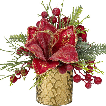 Briful 9.8 Inch Christmas Tree Small Artificial Potted Christmas Arrangment in Gold Pot with Red Berries,Holly,Red Magnolia Xmas Flowers for Centrepieces Table Farmhouse Countertop Décor