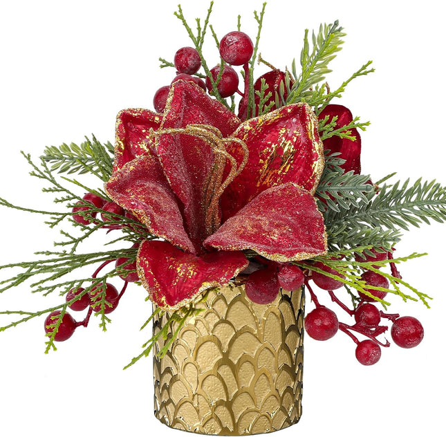 Briful 9.8 Inch Christmas Tree Small Artificial Potted Christmas Arrangment in Gold Pot with Red Berries,Holly,Red Magnolia Xmas Flowers for Centrepieces Table Farmhouse Countertop Décor
