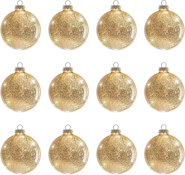 Gold Mercury Glass Ball Christmas Ornaments Set of 12-3.15”Luxurious Xmas Tree Hanging Bulb Decorations for Year Thanksgiving Birthdays Party, Glass Ornaments for Elegant Xmas Halloween Decor