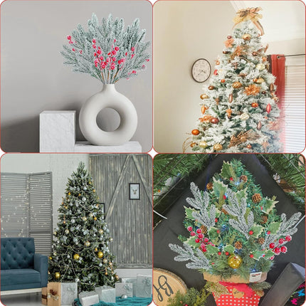 Christmas Greenery Stems 50PCS, Snowy Artificial Pine Stems Frosted Red Berry Stems 10.6" Faux Greenery Pine Branches Christmas Picks for DIY Christmas Garland Wreath Cedar Garland Home Dector (Snowy)