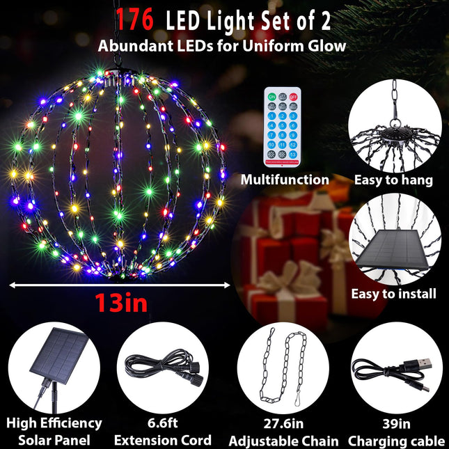 176 LED 13” Outdoor Christmas Light Balls, Solar Hanging Lighted Sphere Balls Lights, Prelit Fold Large Rechargeable Waterproof, Globe Light Ball for Outside Indoor Tree Eave Garden Decorations -2pack