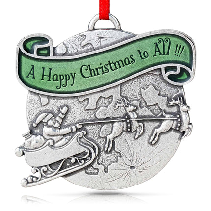 DANFORTH - ‘A Happy Christmas’ Ornament Detailed Pewter with Green Sash, Hanging Christmas Tree Decoration, Santa’s Reindeer Collectors , Made in USA, Measures 2” Tall by 2 ¼” Wide