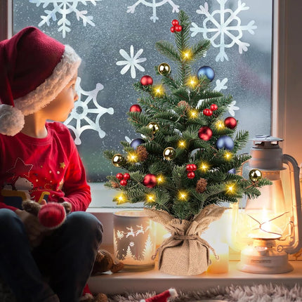 24 Inch Pre-lit Artificial Mini Christmas Tree, Vlorart Christmas Tree Tabletop Small Christmas Tree with Lights Includes Colored Balls, Berries, Pine Cones, and Cloth Bag Base