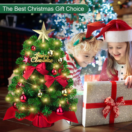 Mini Christmas Tree with Lights, Small Prelit Tabletop Christmas Tree 20”, Miniature Pine Artificial Xmas Tree with Ball Star Bowknot Ornaments for Holiday Season Desk Decoration Centerpiece
