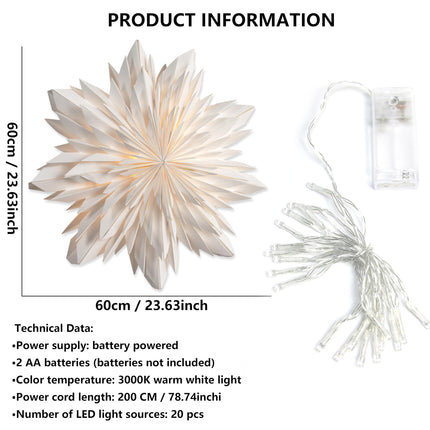 3D LED Paper Star Lantern - 23.5" Christmas Decorations Indoor, Twinkle Fairy Lights Window Decor, Holiday Party Hanging Lighted Stars Ornaments, White