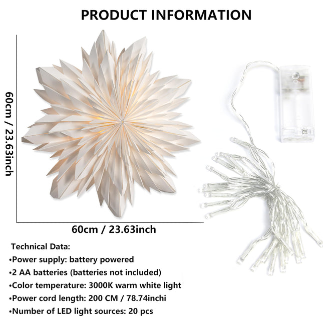3D LED Paper Star Lantern - 23.5" Christmas Decorations Indoor, Twinkle Fairy Lights Window Decor, Holiday Party Hanging Lighted Stars Ornaments, White