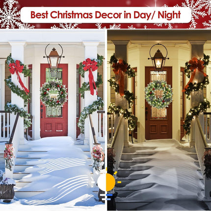Christmas Wreath Garland for Front Door, Pre-lit Artificial Xmas Garland with 50 LEDs Lights Battery Operated - Snowflake Red Berry Pinecone Fir Garland Come with Hook(18 Inch)
