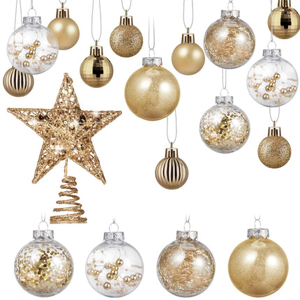 Christmas Balls Ornaments Set Star Balls Tree Baubles Set Plastic Tree Topper Star Clear Balls for Tree Birthday Holiday Indoor Outdoor Decor (Champagne Gold,37 Pieces)