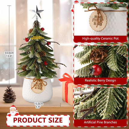 Artificial Mini Christmas Tree Tabletop Decorations,13 Inch Small Xmas Tree with Red Berry Ornaments for Table Top Office Desk Classroom Room Holiday Christmas Decor (Silver Star)