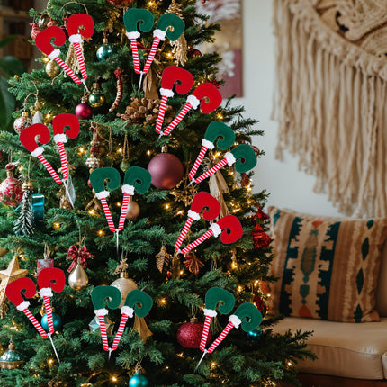 2Pairs Christmas Elf Legs Picks, 10 Inch Christmas Tree Ornaments, Elf Feet with Fixed Wire Striped Plush Stuffed Legs Tree Decorations for Christmas Tree Party Xmas Holiday Decor