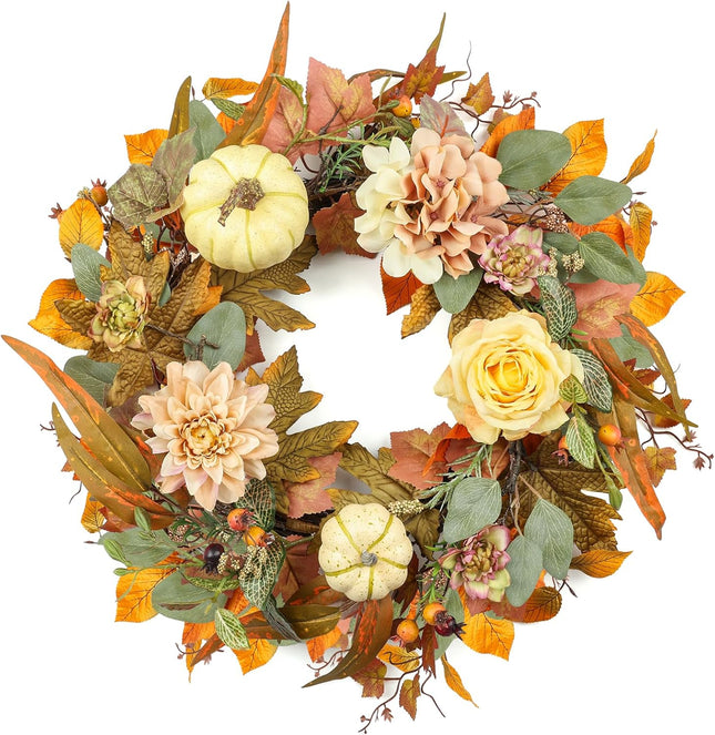 Fall Wreath, Pumpkin Fall Wreaths for Front Door, 22 inch Autumn Wreath for Indoor Outdoor Harvest Festival Thanksgiving Christmas and Fall Decorations