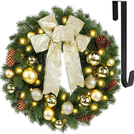 Hausse Lighted Christmas Wreath with Metal Hanger, Pre-lit Xmas Wreath with Large Golden Bow & Balls, 8 Modes & Timer, Battery Operated with 40 Lights, for Front Door Gate Wall Xmas Party Decorations