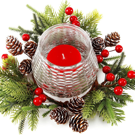 Christmas Candle Holder with Wreath Candle Rings, Christmas Centerpieces with Artificial Snowy Pine Cones and Berries for Home Dining Table Decoration