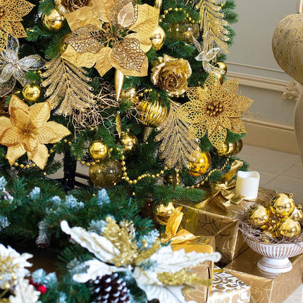Winlyn 26 Set 3 Style Christmas Gold Glitter Poinsettia Flowers Picks Xmas Tree Ornaments and 12 Yards Decorative Gold Glittered Wired Ribbon for Gold Christmas Tree Wreaths Garland Holiday Décor
