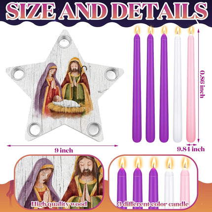 Sliner 11 Pcs Christmas Advent Candle Holder Nativity Scene Christmas Candle Holder Set 1 Star Shape Wooden Advent Wreath Candlestick Holders and 10 Candles Rustic Mantle Holiday Table Decoration