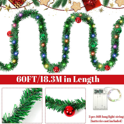60 ft Prelit Christmas Garland with Lights Lighted Artificial Pine Garlands with 40 Balls Outdoor Christmas Garlands Hanging Garland for Fireplace Mantle Stair Railing Holiday Decorations