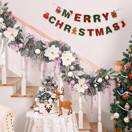 Christmas Garland - 5.9 Ft Christmas Garland for Mantle, Christmas Flocked Garlands with Magnolia Flower Christmas Balls Pink Gold Leaves for Outdoor Indoor Christmas Decor