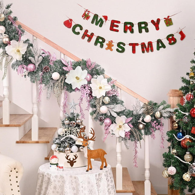 Christmas Garland - 5.9 Ft Christmas Garland for Mantle, Christmas Flocked Garlands with Magnolia Flower Christmas Balls Pink Gold Leaves for Outdoor Indoor Christmas Decor