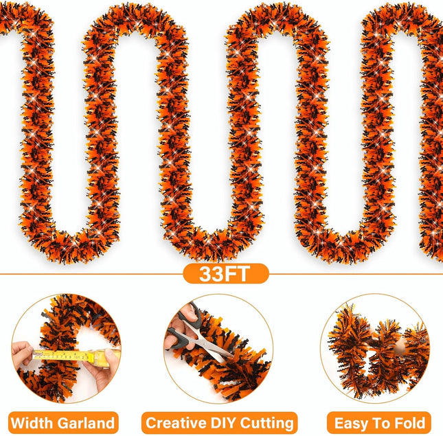 33FT Halloween Tinsel Garland Twist Orange Black Mixed Color Shiny Metallic Tinsel Garland Hanging Halloween Garland for Home Tree Indoor Outdoor Party Halloween Decorations