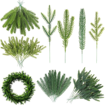 Syhood Christmas Artificial Pine Branches 4 Styles Pine Needles Faux Pine Tree Branches Garland Fake Greenery Picks for Mantle Garland Indoor Home Xmas Holiday Wall Decor(Green, 60 Pieces)