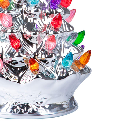 RJ Legend Christmas Tree – Festive Lighted with 50+ Multicolor Bulbs, Operated by LED, Ceramic – Retro Winter Tree - Silver, 9.6-Inch