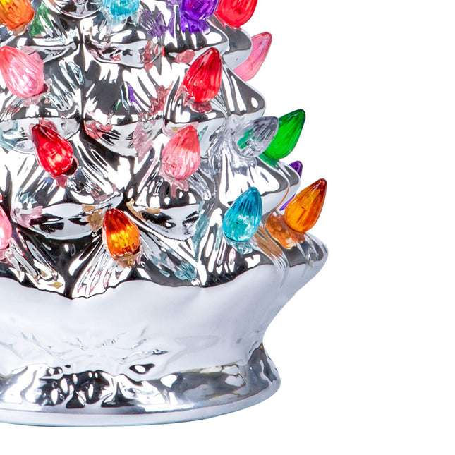 RJ Legend Christmas Tree – Festive Lighted with 50+ Multicolor Bulbs, Operated by LED, Ceramic – Retro Winter Tree - Silver, 9.6-Inch