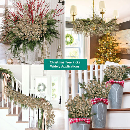8 Pcs Christmas Tree Picks and Sprays Champagne Glitter Christmas Picks 26.8" Christmas Glitter Eucalyptus Leaves Stems for Christmas Tree Filler Branches Wreaths Centerpieces Holiday Decorations
