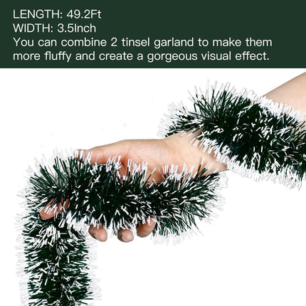 Sggvecsy 49.2Ft Christmas Green and White Tinsel Garland Xmas Tree Decorations Christmas Metallic Twist Garland Ceiling Hanging Decorations for Year Party Birthday Holiday Indoor Outdoor Supplies