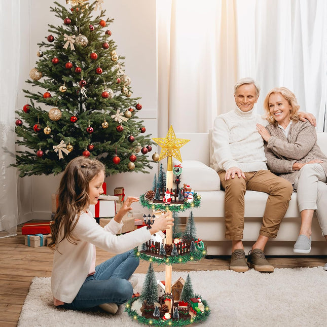 Gerrii 23.6 Inch Christmas Tree Tiered Tray Decoration Christmas Tree Wooden Holder Xmas Tray Decorations Set Include Garland LED Light Golden Star for Holiday Display Light up Tabletop Xmas Tree Tray