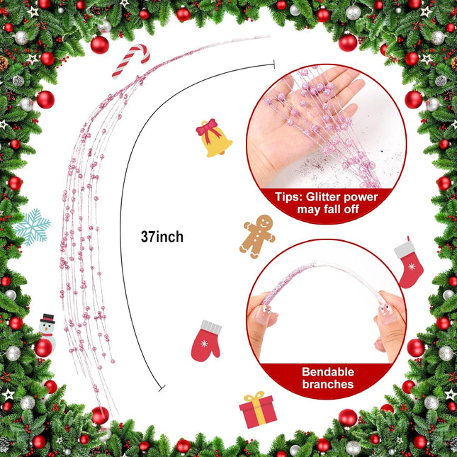 10 Pack 37" Long Artificial Glitter Berry Stem Decorative Branches Bead Sticks Fake Christmas Picks Pink Ornaments for Christmas Tree Fireplace Holiday DIY Wreath Home Large Vase Decor