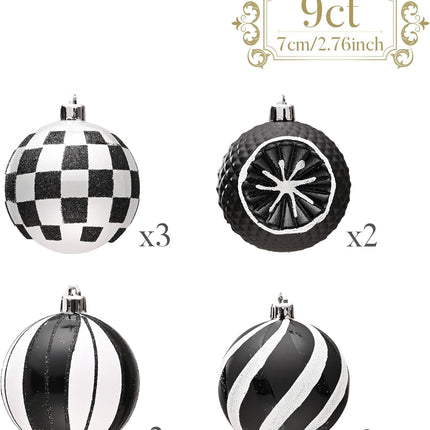 Valery Madelyn Christmas Ball Ornaments Set, 9ct Black and White Shatterproof Boho Christmas Tree Decorations, 2.76 Inch Large Modern Hanging Ornaments Bulk for Xmas Holiday Party Decor