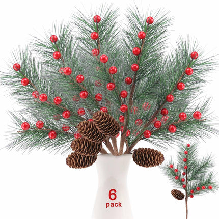 6 Pack Christmas Berries Pine Picks Christmas Flowers Artificial Red Berry Pine Branches Long Faux Pine Stems with Pinecones for Xmas Tree Wreath Floral Arrangement DIY Crafts Holiday Decor