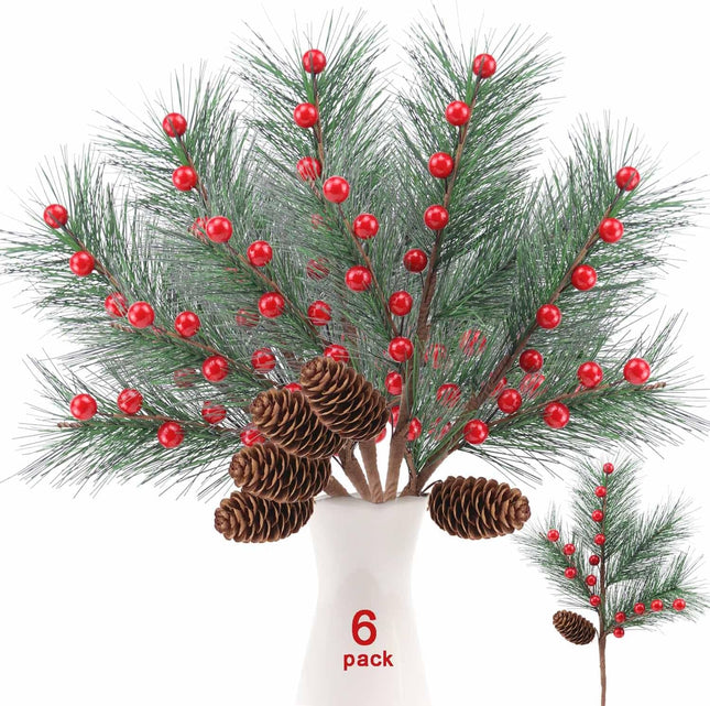 6 Pack Christmas Berries Pine Picks Christmas Flowers Artificial Red Berry Pine Branches Long Faux Pine Stems with Pinecones for Xmas Tree Wreath Floral Arrangement DIY Crafts Holiday Decor