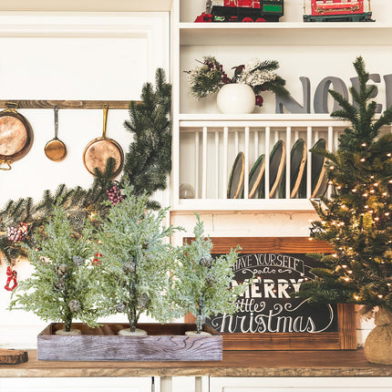Winlyn 3 Pack Snowy Mini Cedar Trees with Pinecones and Wood Bases Artificial Small Christmas Tabletop Trees and Rustic Wood Planter for Winter Holiday Christmas Mantel Farmhouse Table Centerpiece