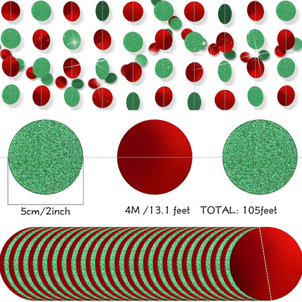 Marspark 8 Pack Christmas Red Green Circle Dot Paper Garland Kit Hanging Streamer Decorations Christmas Bunting Flag Banners for Holiday Birthday Party Decor, 105 Feet in Total