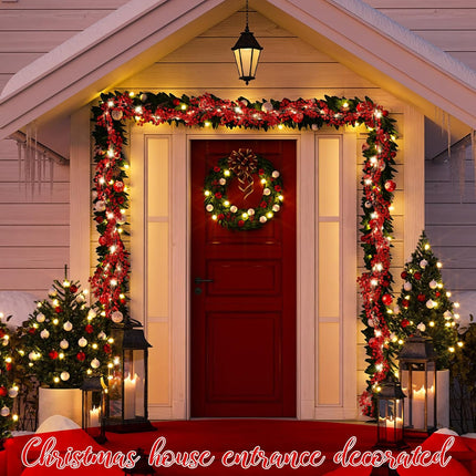 Crowye 1 Pcs 9 Ft Pre Lit Red Berry Christmas Garland with Lights Pip Berry Garland Battery Operated Vine Lights Xmas String Lights Christmas Lighted Garland Decor for Home Mantle Party Decoration