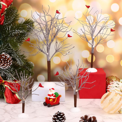 8 Pcs Christmas Decor Trees Christmas Village Trees Set Mini Decor Trees with Red Birds Snow Village Frost Trees Winter Snow Model Birch Trees Village Accessories for House Garden Winter Table Decor
