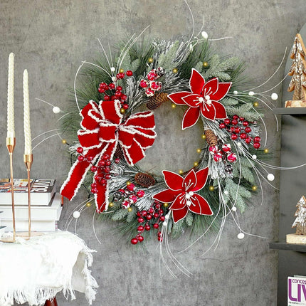 Christmas Wreath for Front Door, Large Winter Wreaths with Lights, Berries, Christmas Poinsettia and Velvet Bow, for Wall Windows Mantle Outdoor Christmas Decoration