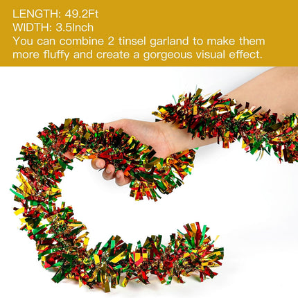 Sggvecsy 49.2Ft Christmas Green Red Gold Tinsel Garland Xmas Tree Decorations Christmas Metallic Twist Garland Ceiling Hanging Decorations for Year Party Birthday Holiday Indoor Outdoor Supplies