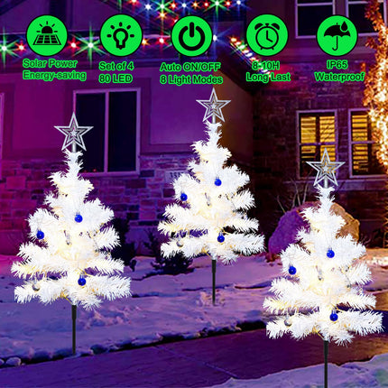 Set of 4 White Solar Christmas Tree, Outdoor Christmas Decorations, 8 Modes 80LED Solar Christmas Lights Outdoor, Solar Christmas Pathway Lights for Yard Front Porch Pathway Grave Cemetery Decor