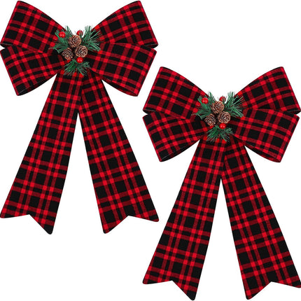MCEAST 2 Pieces Christmas Red Bows Christmas Wreath Bows Xmas Buffalo Plaid Bows with Pine Cones Ornaments for Christmas Tree Indoor Outdoor Decorations (Black, Red, Green)