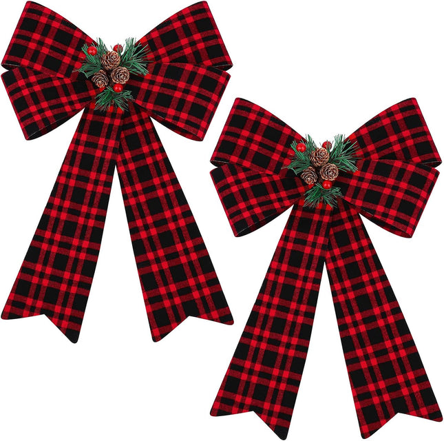 MCEAST 2 Pieces Christmas Red Bows Christmas Wreath Bows Xmas Buffalo Plaid Bows with Pine Cones Ornaments for Christmas Tree Indoor Outdoor Decorations (Black, Red, Green)