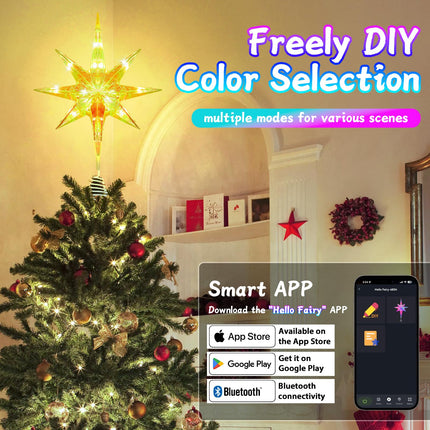 TOBUSA 14.5" Smart Christmas Tree Topper Star, Lighted Treetop Christmas Tree Decoration with Timer, 8-Pointed Bethlehem Star Bluetooth APP Remote Control Music Sync, DIY Color Changing LED Xmas Light