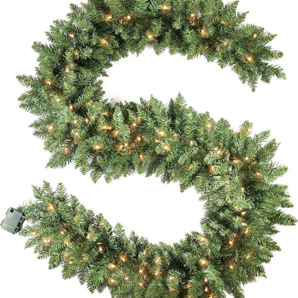 9 ft Pre-lit Christmas Garland, Christmas Artificial Garland with 300 Branch Tips for Stairs Wall Door Indoor Outdoor Garland with Battery Operated Timer