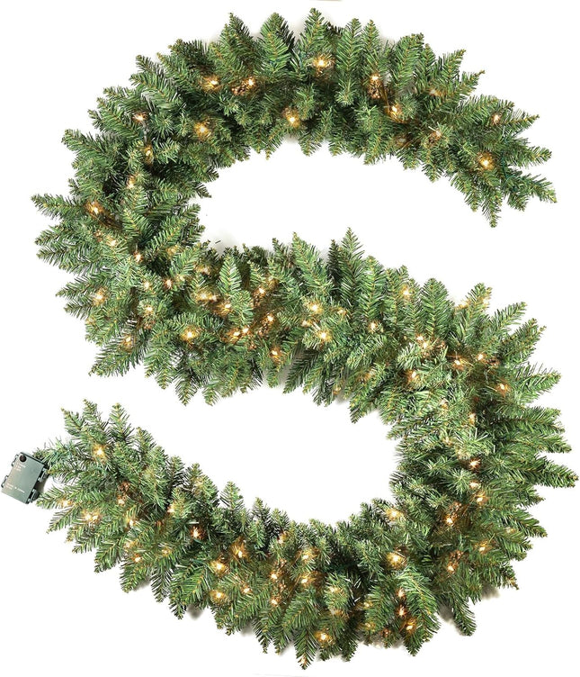 9 ft Pre-lit Christmas Garland, Christmas Artificial Garland with 300 Branch Tips for Stairs Wall Door Indoor Outdoor Garland with Battery Operated Timer