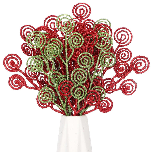 Zeyune 80 Pcs Christmas Candy Shape Curly Sticks Glitter Stem Ornaments Decorative Christmas Tree Picks Artificial Christmas Glittery Twigs for Wedding Holiday Party Home Decorations (Red Green)